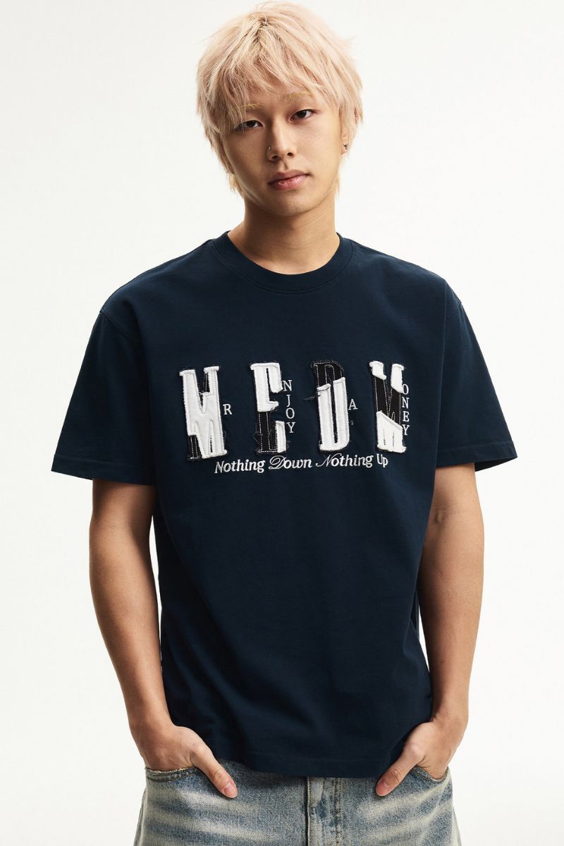 MEDM Contrast Patch Embroidered Logo Oversized Couple Crew Neck Short Sleeve T-Shirt