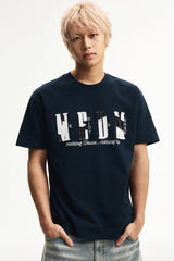 MEDM Contrast Patch Embroidered Logo Oversized Couple Crew Neck Short Sleeve T-Shirt