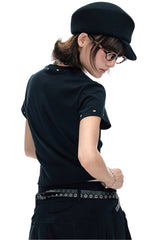 BJHG Women Colorful‑Embroidery Knitted Short‑Sleeve Tee, Set‑in‑Shoulder Slim‑Fit Top