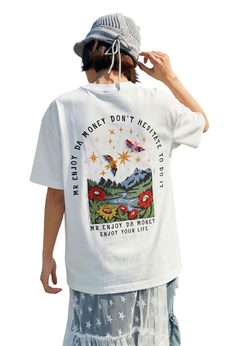 MEDM Casual Versatile Embroidered Letter Crew Neck Couple Tee