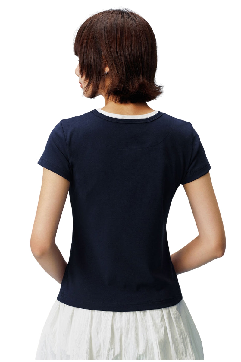 MEDM Fake Two-Piece Embroidered Women Tee