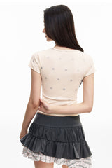MEDM Star Print V-Neck Henley Cropped Tee