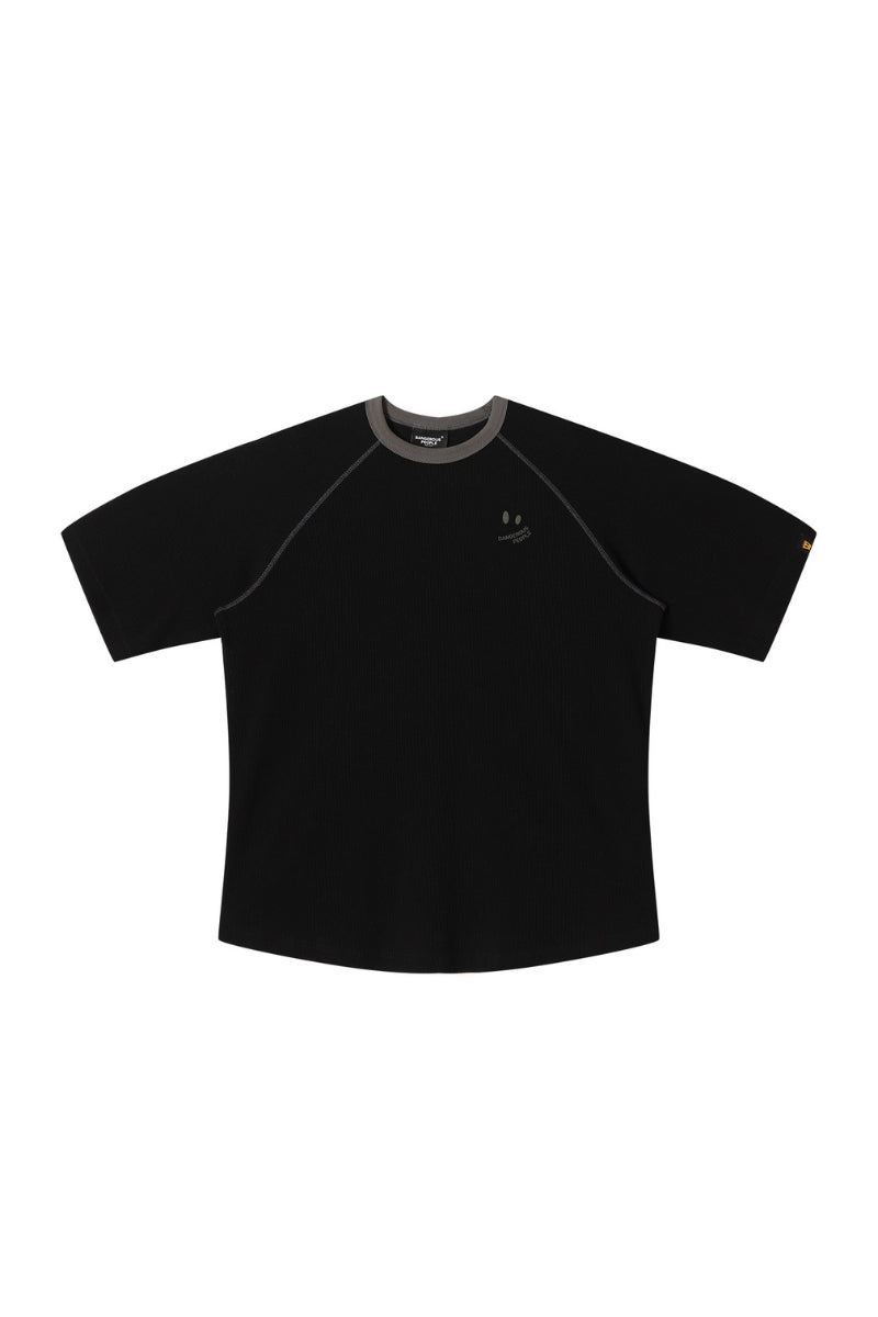 Dangerouspeople DSP Waffle Contrast Drop‑Shoulder Retro Casual Top