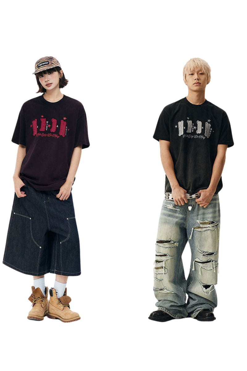 MEDM Casual Loose Fit Appliqué Logo Crew Neck Unisex Tee