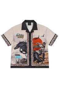 MEDM Men Western Cowboy Illustration Cuban Collar Contrast Shirt