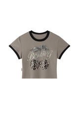 BJHG Retro Cropped T‑Shirt, American Style Leopard Cherry Graphic Women Summer Top