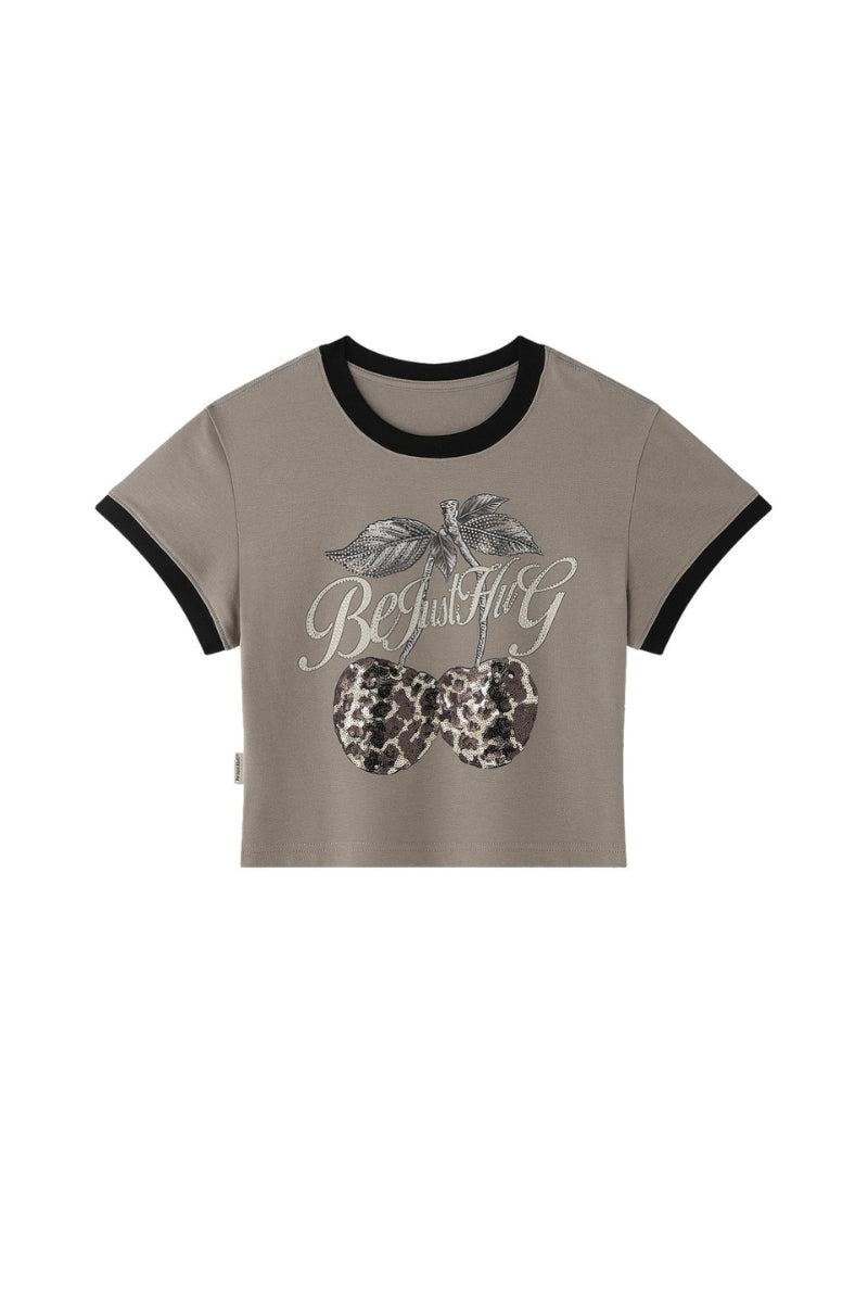 BJHG Retro Cropped T‑Shirt, American Style Leopard Cherry Graphic Women Summer Top