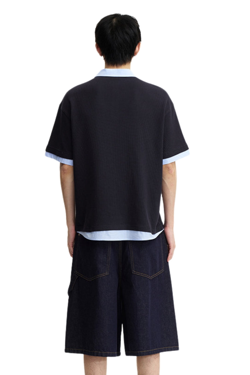 DangerousPeople DSP｜Fake Two‑Piece Dog Embroidery Oversized Drop‑Shoulder Polo Shirt