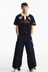 MEDM Wild Horse Embroidery Contrast Panel Loose Short Sleeve Polo Shirt