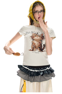 BJHG No‑Spoil Series Cat Print True‑Shoulder Fitted Tee Unisex Summer Couple Top