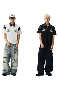 MEDM Letter Embroidered Waffle Spliced Leather Polo T-Shirt