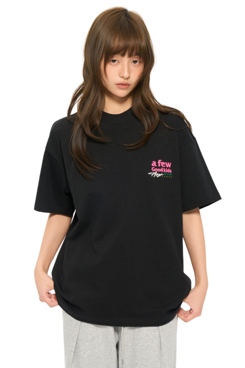 AFGK | Script Embroidery Tee, American Relaxed Unisex Loose T-Shirt