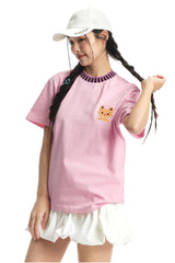 DangerousPeople DSP｜Striped Color Block Cat Embroidery Loose Short Sleeve Tee