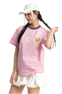 DangerousPeople DSP｜Striped Color Block Cat Embroidery Loose Short Sleeve Tee