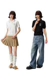 MEDM Casual Loose Fit Sequin Polo Collar Women's Tee