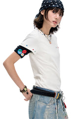BJHG Women Colorful‑Embroidery Knitted Short‑Sleeve Tee, Set‑in‑Shoulder Slim‑Fit Top