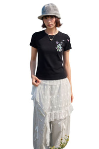 MEDM 3D Butterfly Magnolia Embroidered Oversized Couple Crew Neck T-Shirt