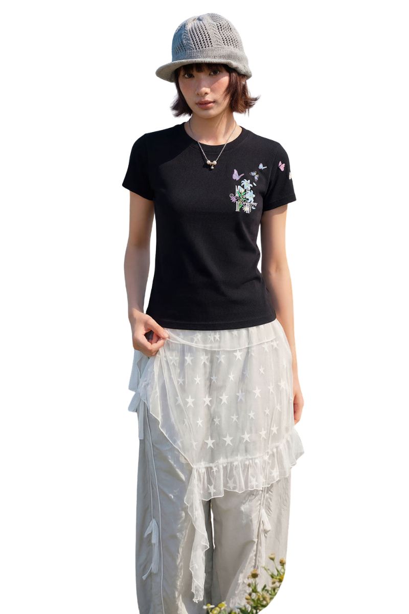 MEDM 3D Butterfly Magnolia Embroidered Oversized Couple Crew Neck T-Shirt
