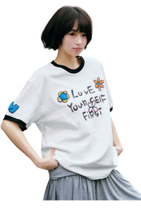 MEDM × YUY Jade Hugging Heart Slogan Contrast Trim Crew Neck Tee