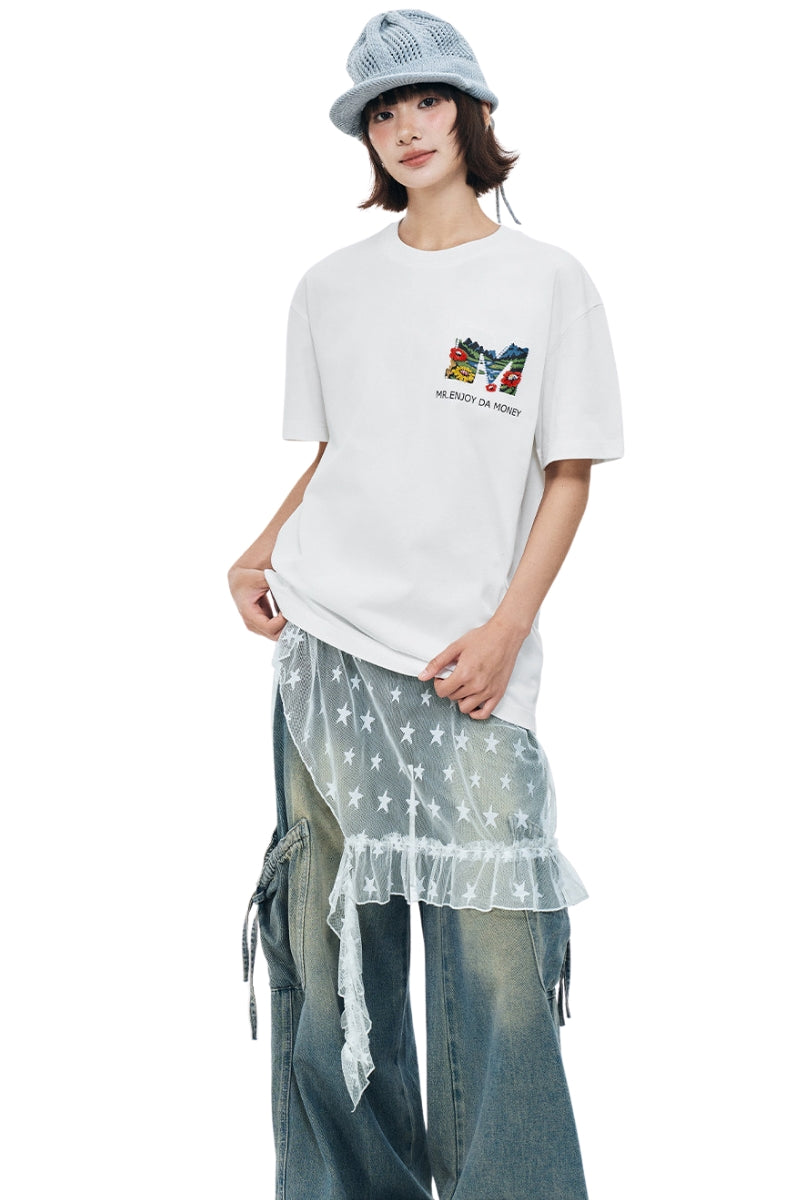 MEDM Casual Versatile Embroidered Letter Crew Neck Couple Tee
