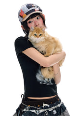 BJHG Women Cat Print Slim T-shirt Summer American Short Sleeve Top