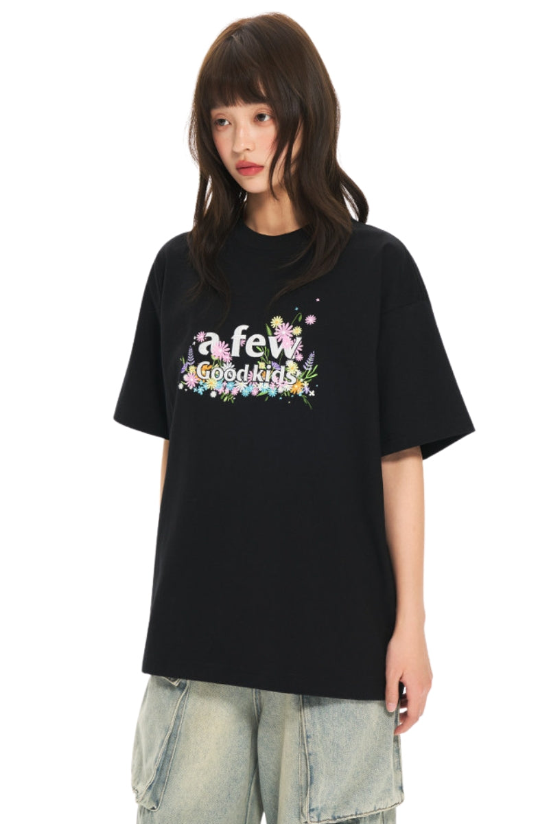 AFGK | Floral Embroidered Heavyweight Tee, American Casual Unisex T-Shirt