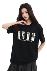 MEDM Contrast Patch Embroidered Logo Oversized Couple Crew Neck Short Sleeve T-Shirt