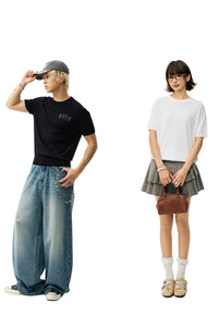MEDM Solid Knit Embroidered Logo Loose Couple T-shirt