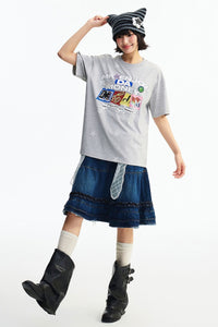 MEDM All Over Print Star Letter Embroidery T-shirt, Loose Crew Neck Couple Tee