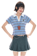 BJHG Summer New Women Cotton T‑Shirt Preppy Style Striped V‑Neck Slim Fit Fashion Top