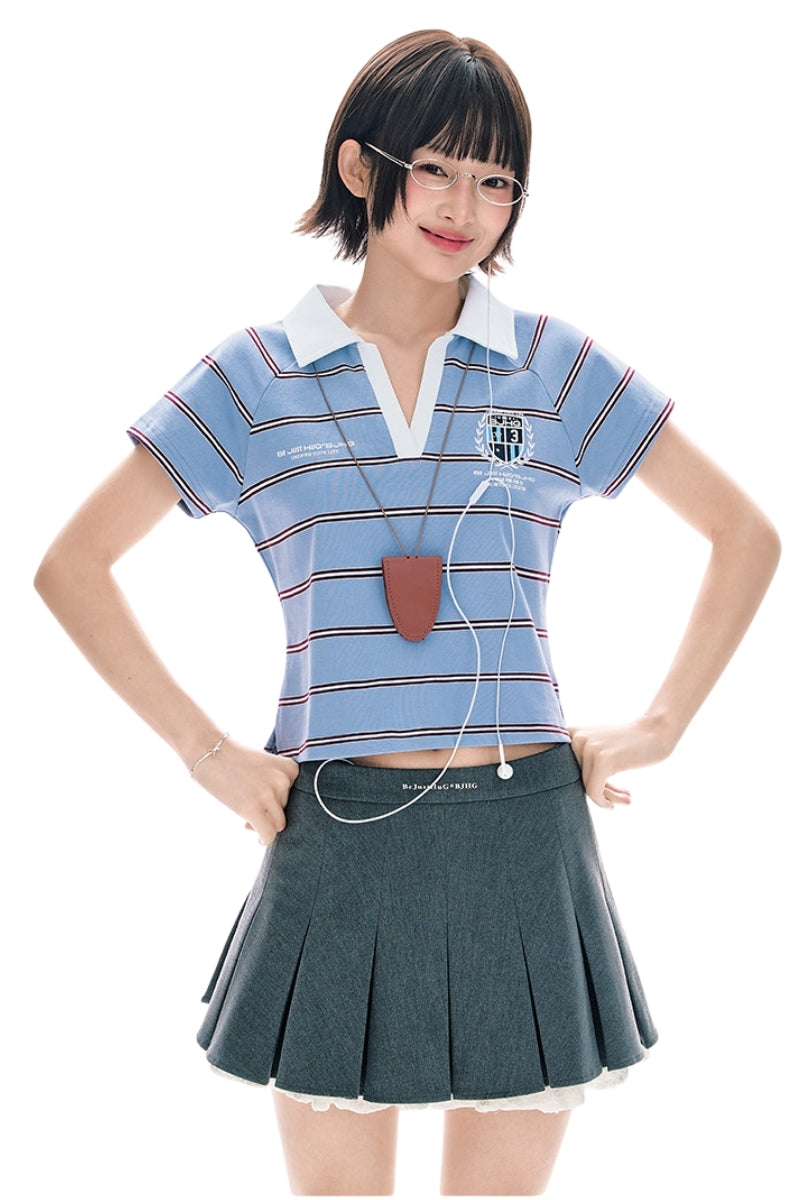 BJHG Summer New Women Cotton T‑Shirt Preppy Style Striped V‑Neck Slim Fit Fashion Top