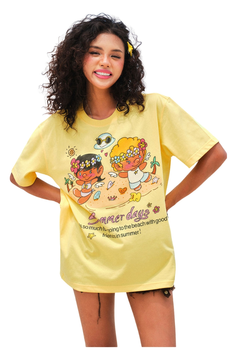MEDM Angel Glitter Print Contrast Crew Neck Couple Tee