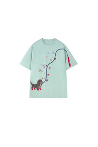 BJHG American Loose Fit Fun Dog‑Walking Print Tee | Couples Summer Short‑Sleeve Top