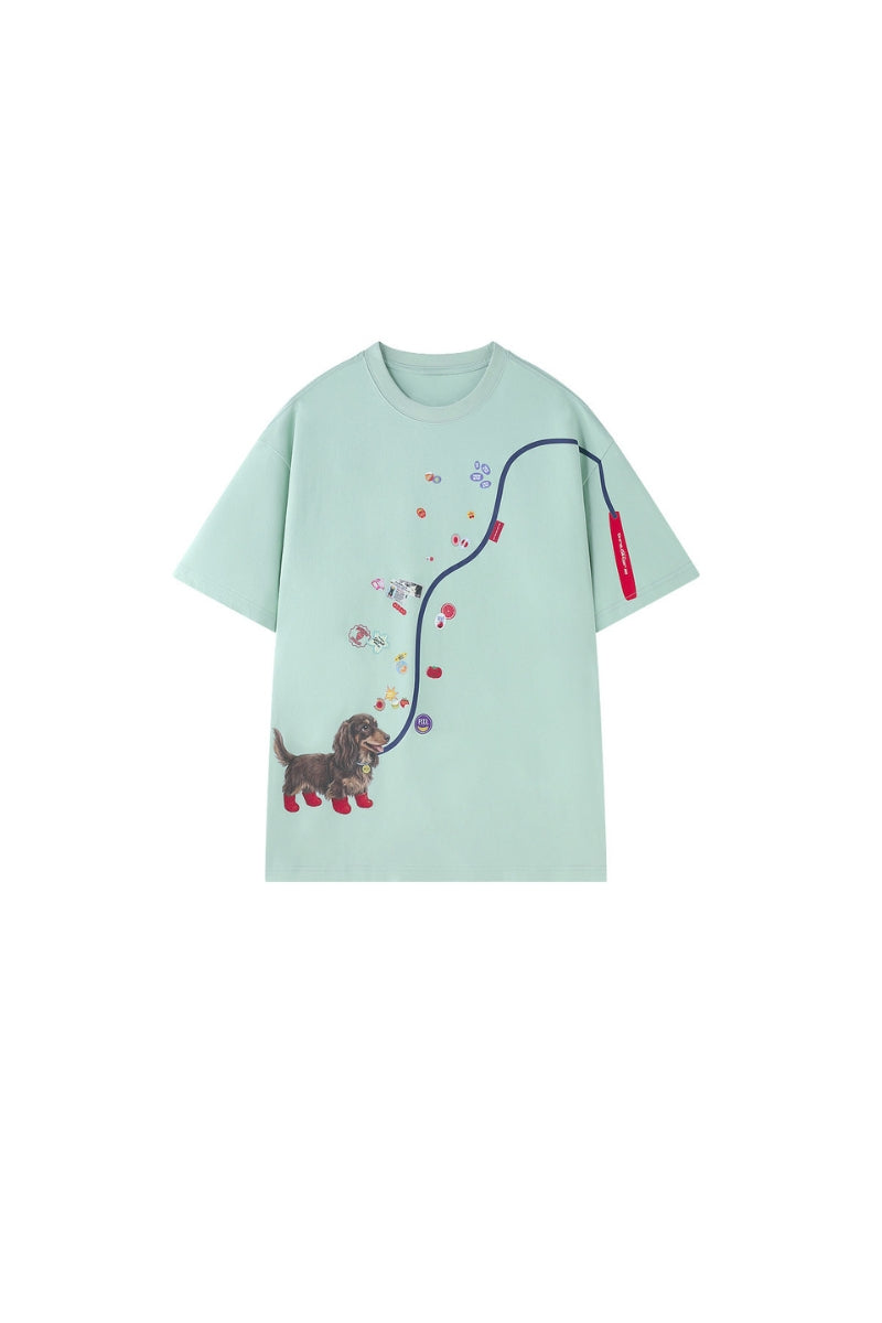 BJHG American Loose Fit Fun Dog‑Walking Print Tee | Couples Summer Short‑Sleeve Top