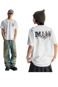 MEDM Vintage Washed Lily Print Oversized Unisex Crew Neck Tee