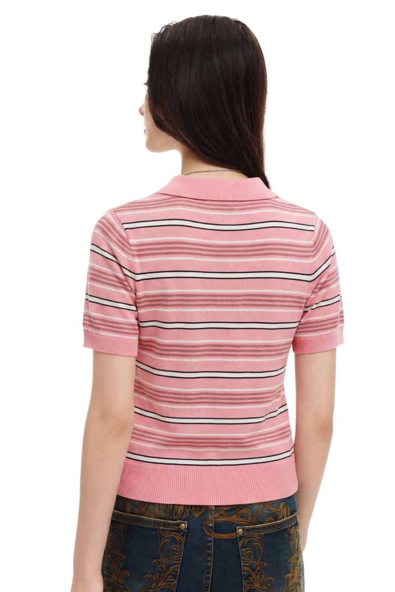 MEDM Women's Floral Stripe Knit Short Sleeve Polo Shirt