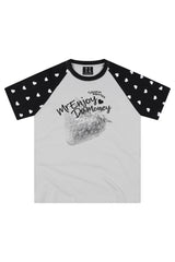 MEDM Washed Strawberry Print Raglan Polka Dot Heart T-shirt