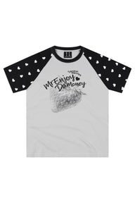 MEDM Washed Strawberry Print Raglan Polka Dot Heart T-shirt