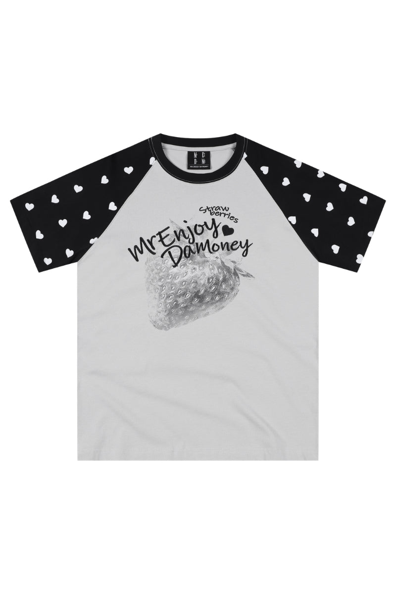 MEDM Washed Strawberry Print Raglan Polka Dot Heart T-shirt