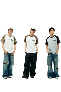 MEDM Contrast Raglan Leopard Leather Patch Vintage Tee