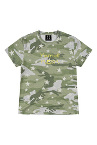 MEDM Slogan Print Camo Star All Over Print Streetwear Short Sleeve Tee