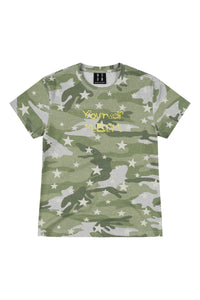 MEDM Slogan Print Camo Star All Over Print Streetwear Short Sleeve Tee