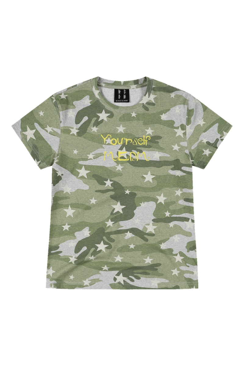MEDM Slogan Print Camo Star All Over Print Streetwear Short Sleeve Tee