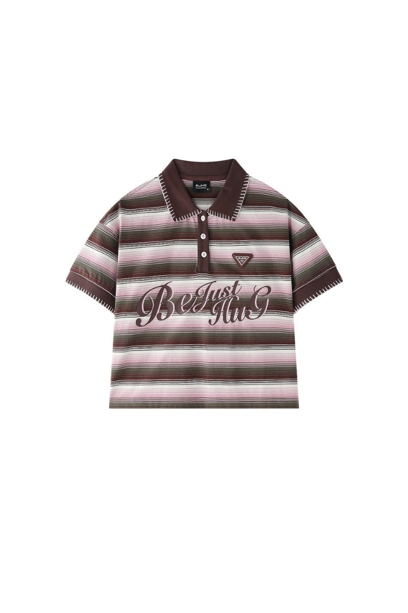 BJHG Summer Retro Women T‑Shirt Striped Collared Color‑Block Polo Casual Fashion Top