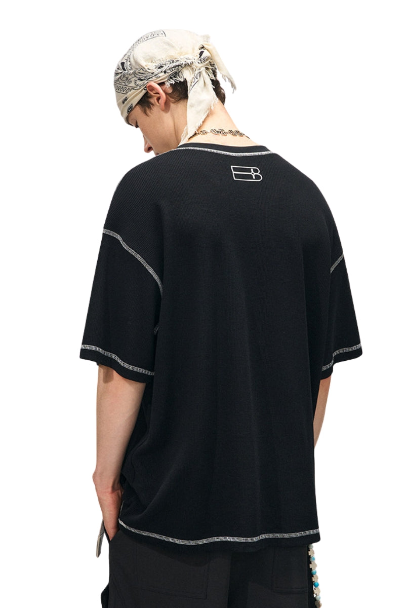 BJHG Waffle Knit Short‑Sleeve T‑Shirt American Loose Unisex Summer Tee