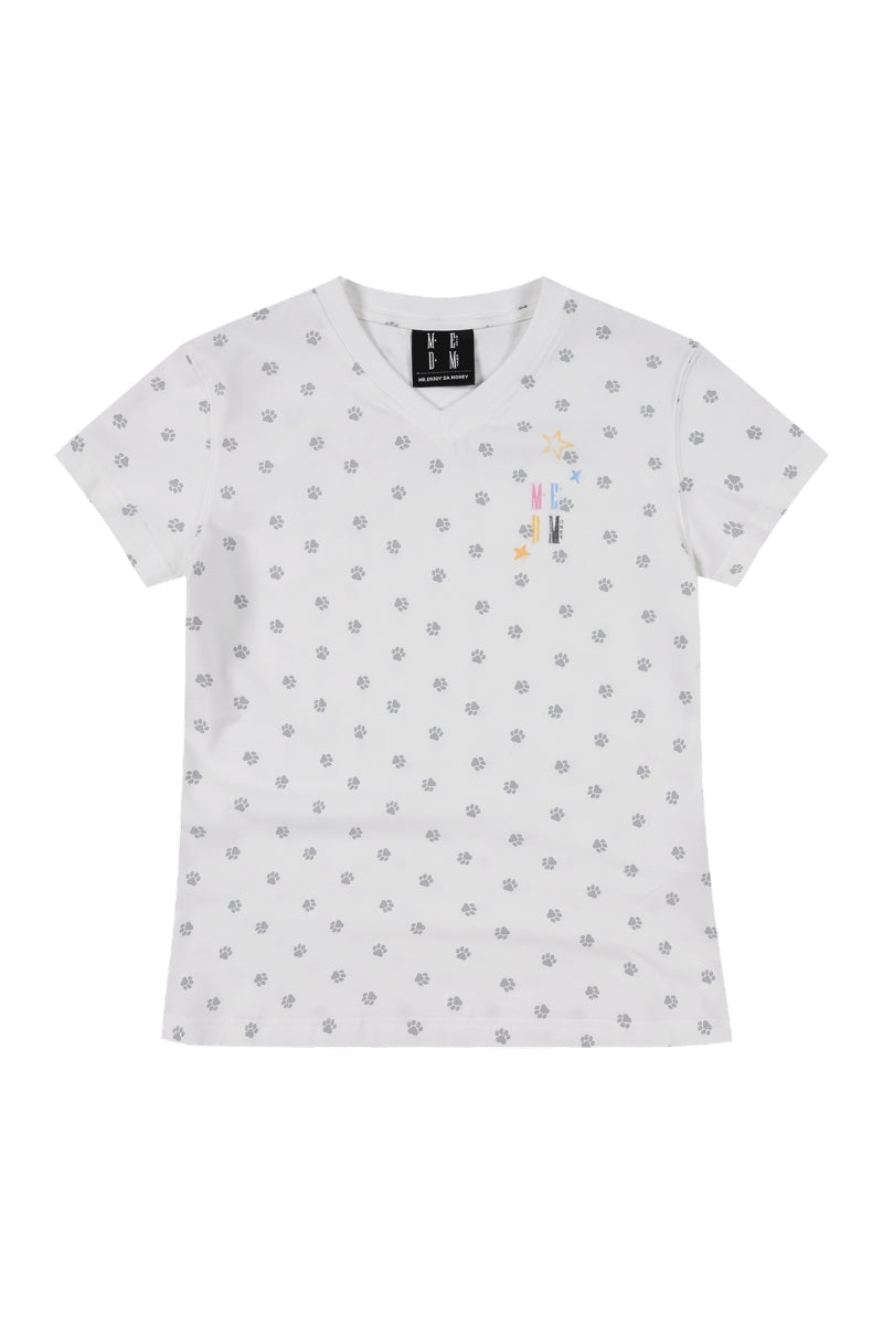 MEDM Cropped V-neck Puppy Paw All Over Print Women's Slim Tee