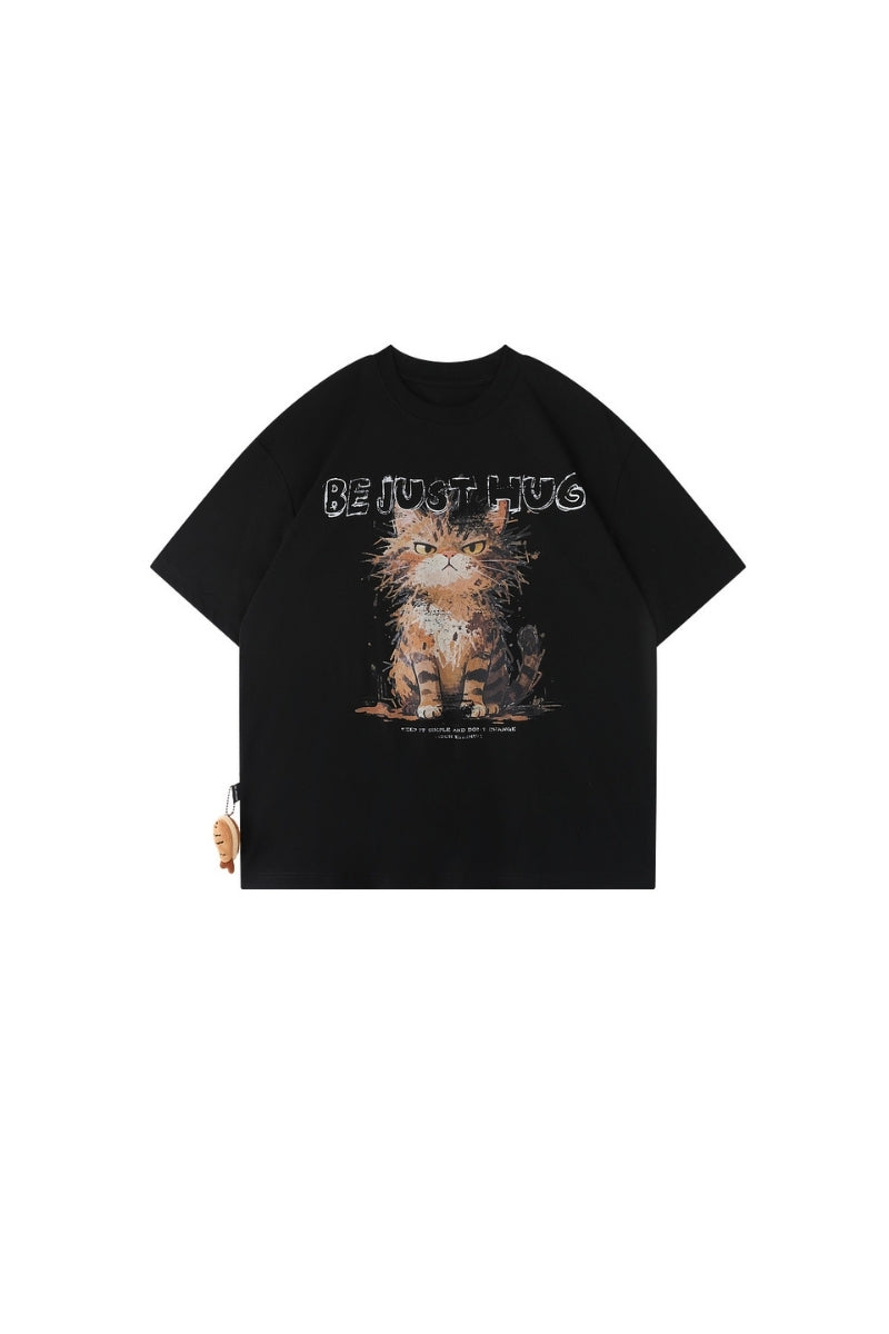 BJHG No‑Spoil Series Cat Print True‑Shoulder Fitted Tee Unisex Summer Couple Top