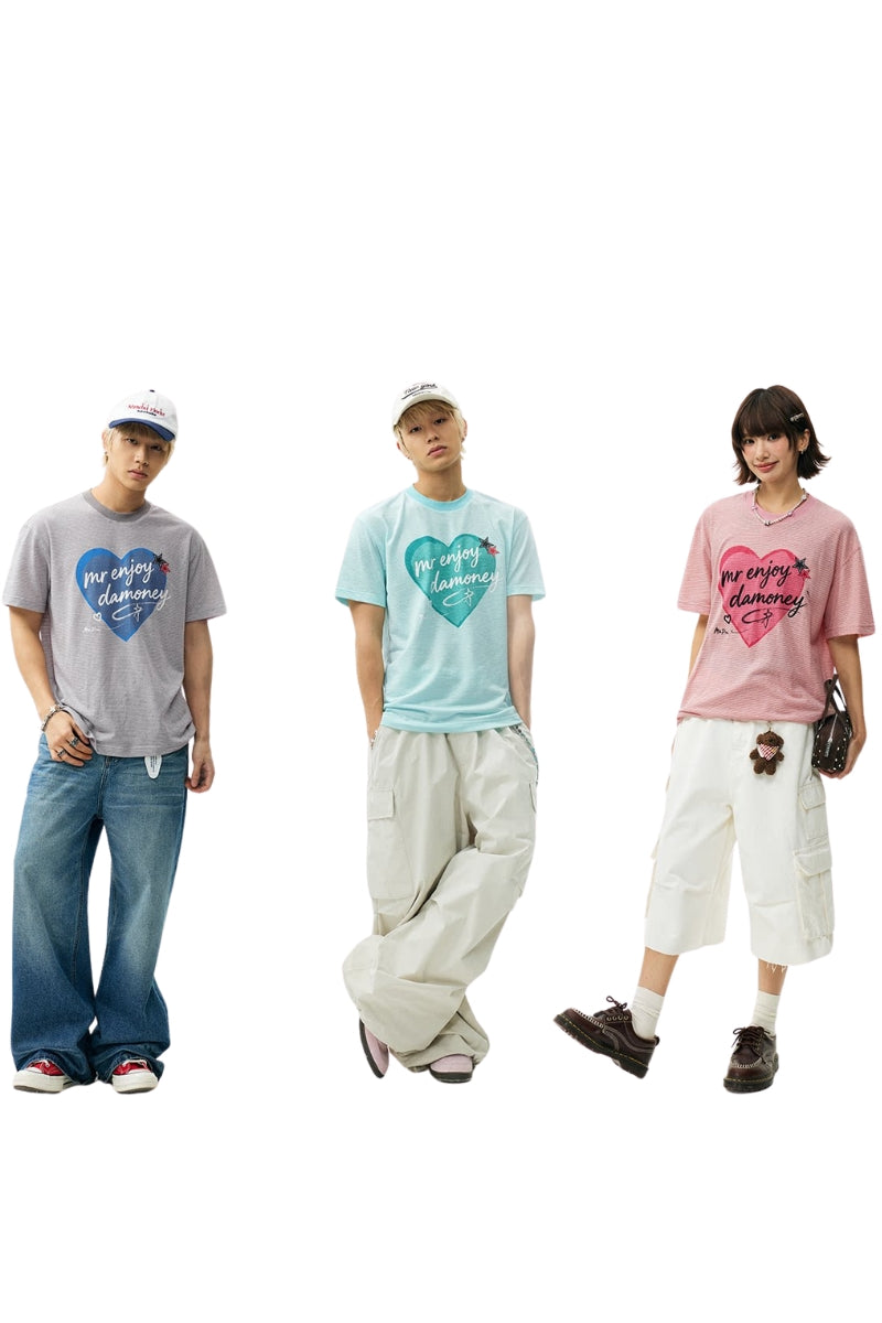 MEDM Striped Heart Letter Print Slim Loose Unisex T-shirt