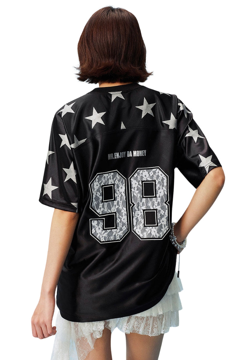 MEDM 2026 Star Number V-Neck Jersey Women Sporty Loose Short Sleeve T-Shirt
