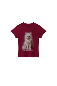 BJHG Exquisite Cat Print True‑Shoulder Fitted Tee Women Summer Designer Short Sleeve Top